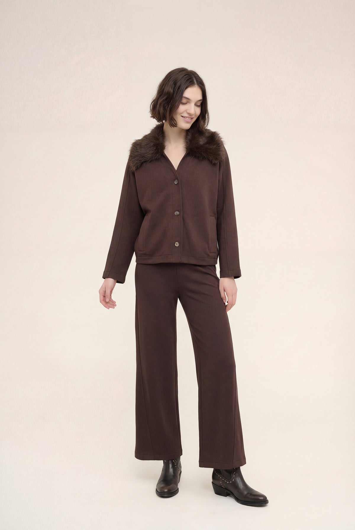Brown Cardigan Faux Fur Collar
