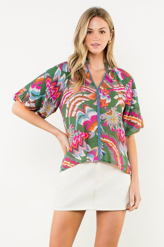 Green and Pink Puff Sleeve Print Shirt