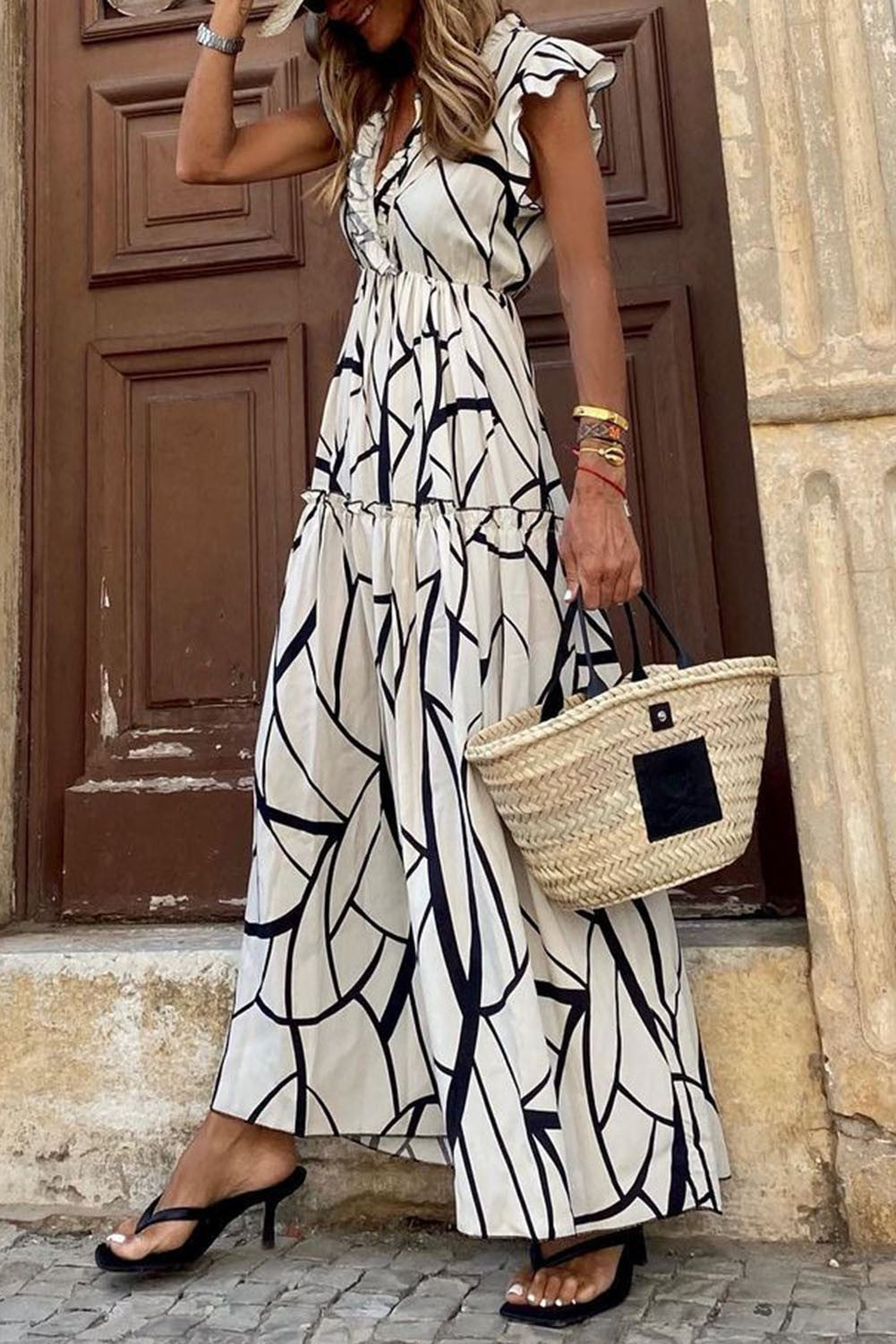 White Abstract V Neck Ruffle Maxi Dress