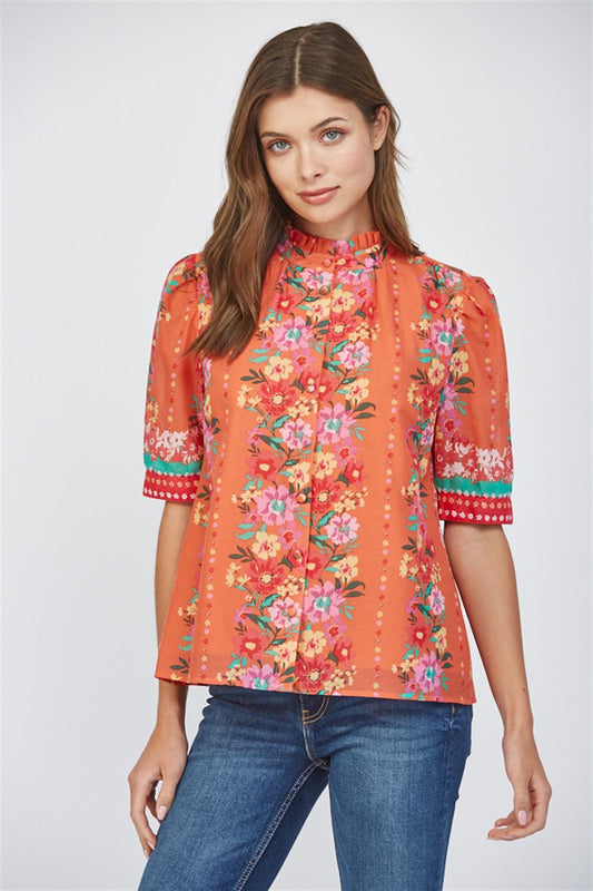 Orange Floral Half Sleeve Blouse