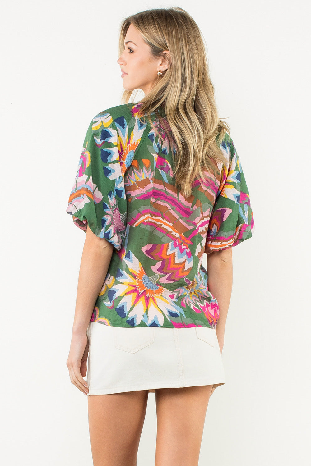 Green and Pink Puff Sleeve Print Shirt