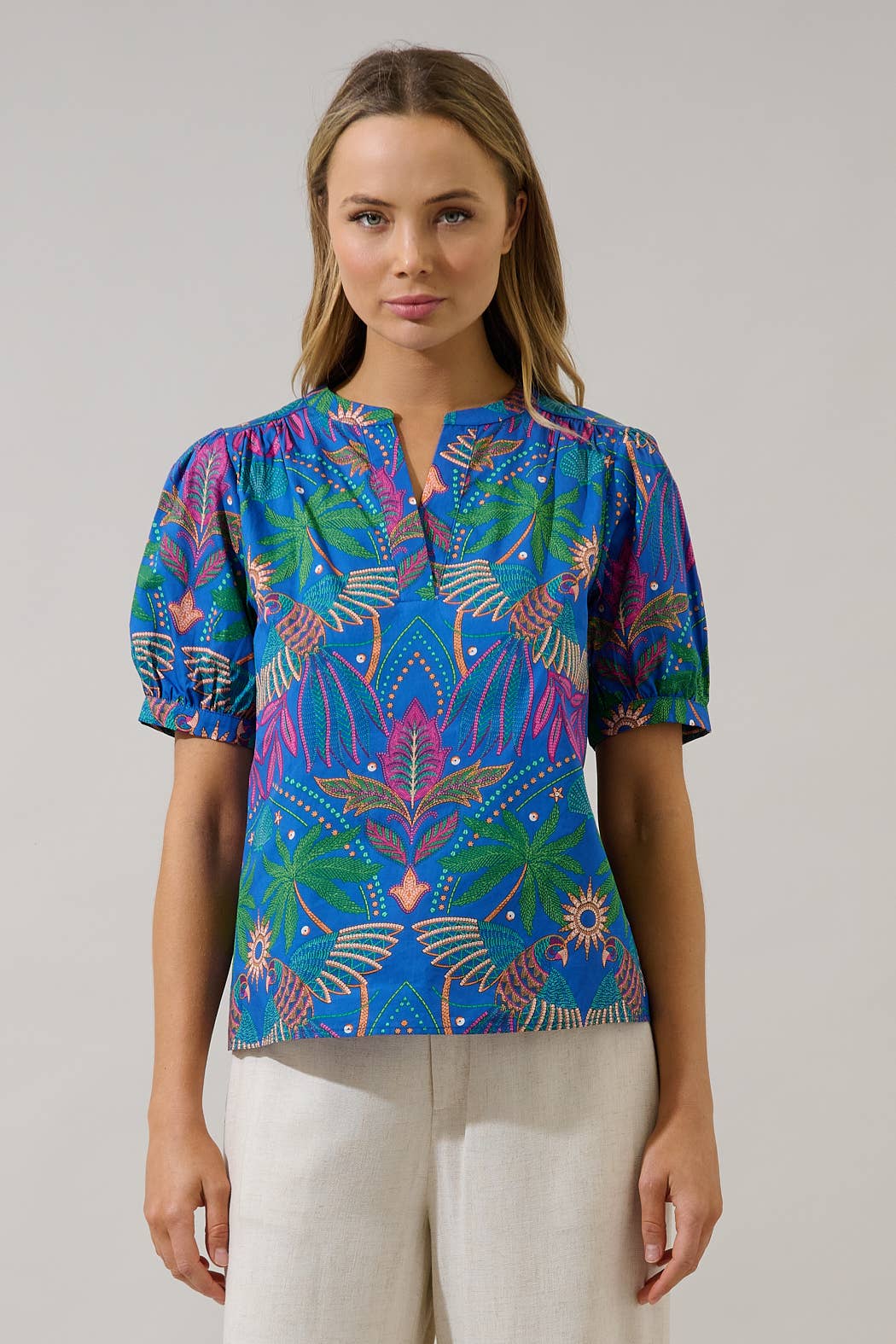 Yori Tropical Neli Split Neck Top