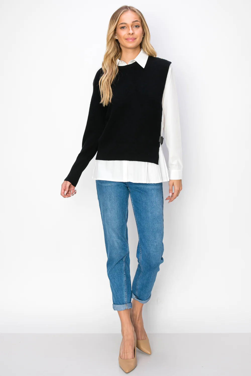 wyatt cotton pleated shirt with knitted sweater
