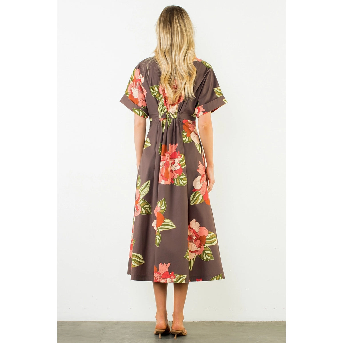 Brown Flower Button Front Dress