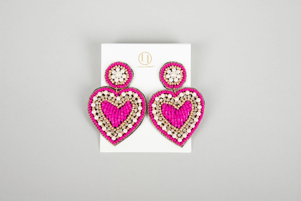 Hot Pink Beaded Heart Earring