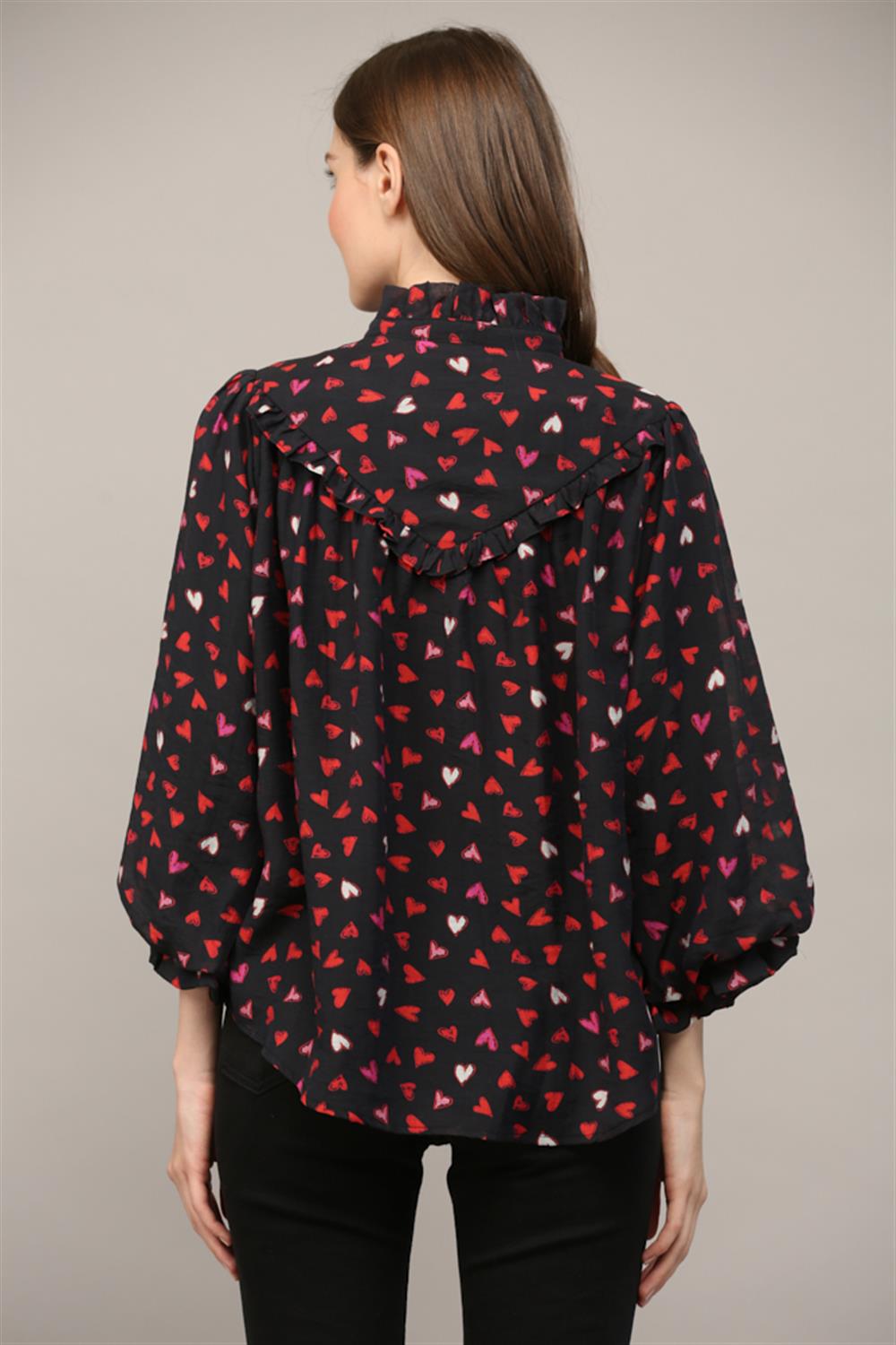 Heart Print Ruffle Sleeve Blouse