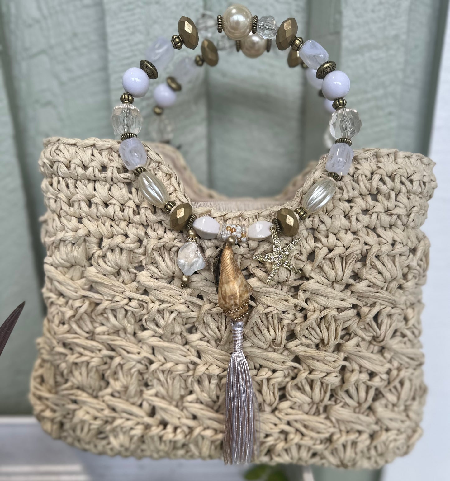 Straw Bag with Shell and Bead Handle