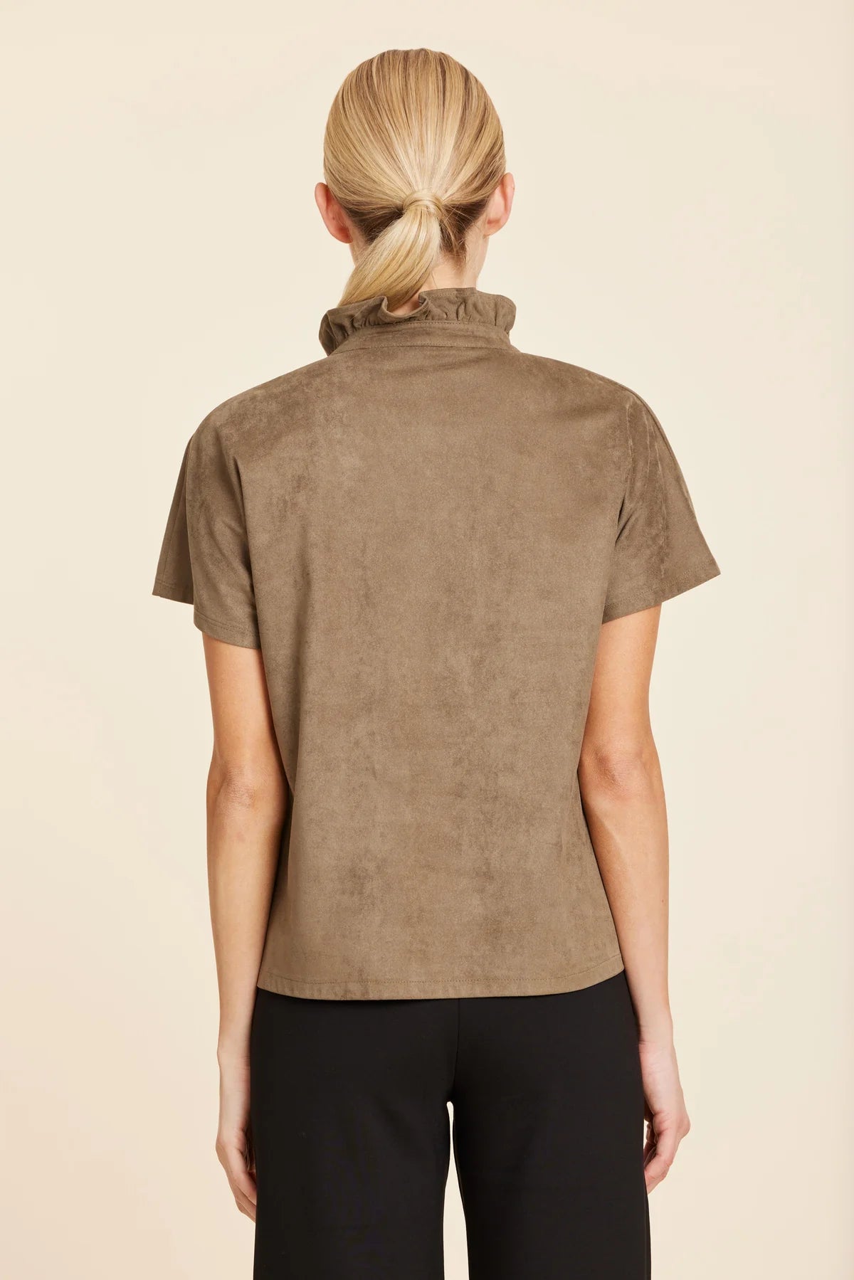 Faux Suede Ruffle Collar V-Neck Top