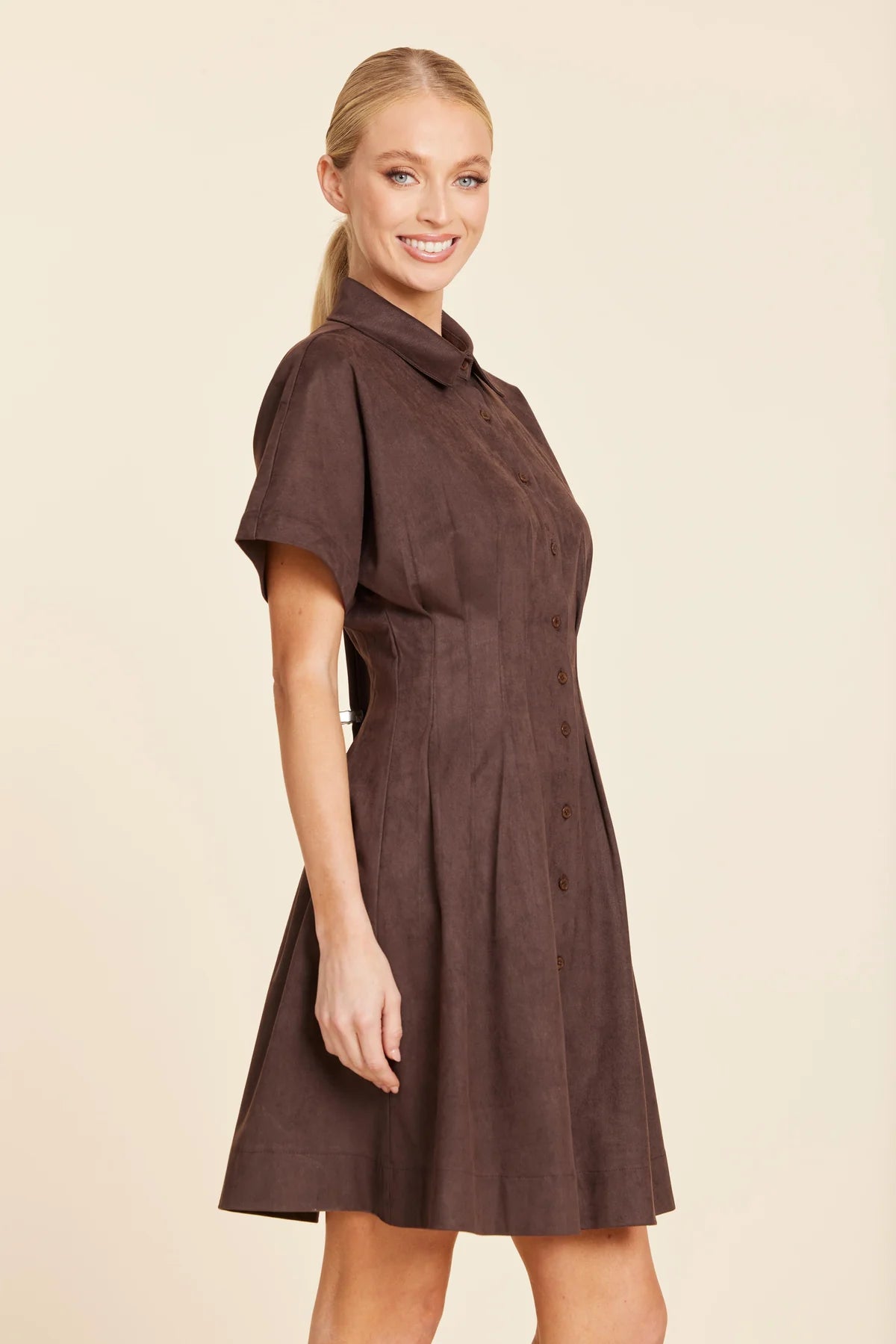 Faux Suede Pintuck Waist Dress