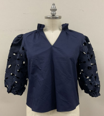 Navy Eyelet Long Sleeve Top