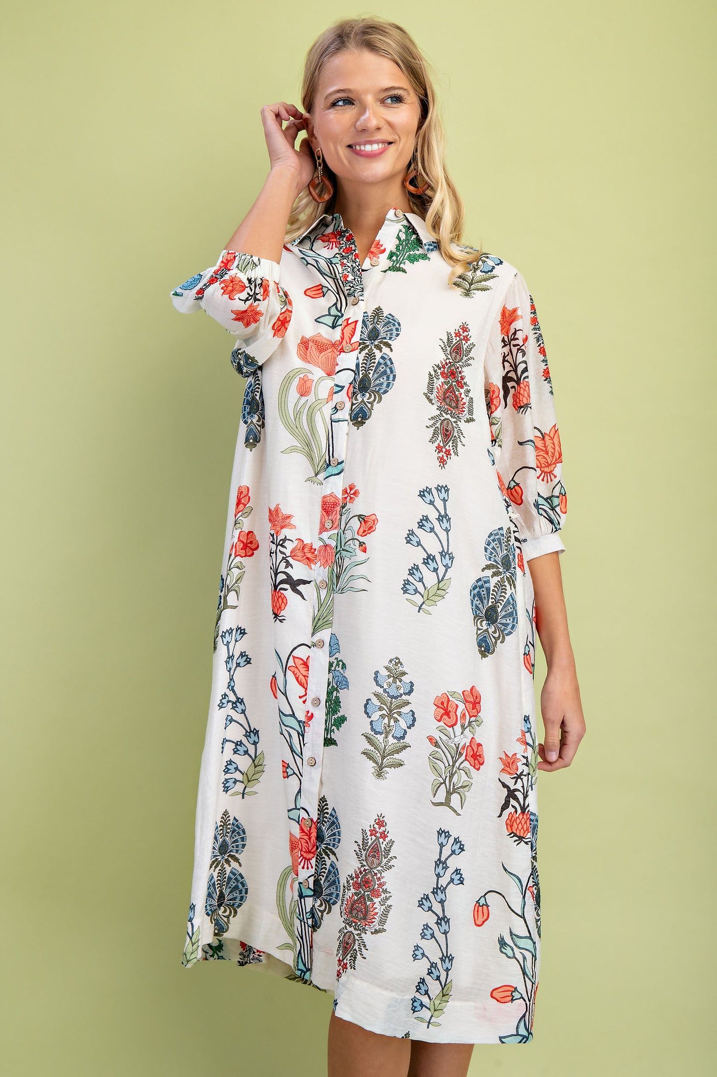 White Floral 3/4 Sleeve Button Dress