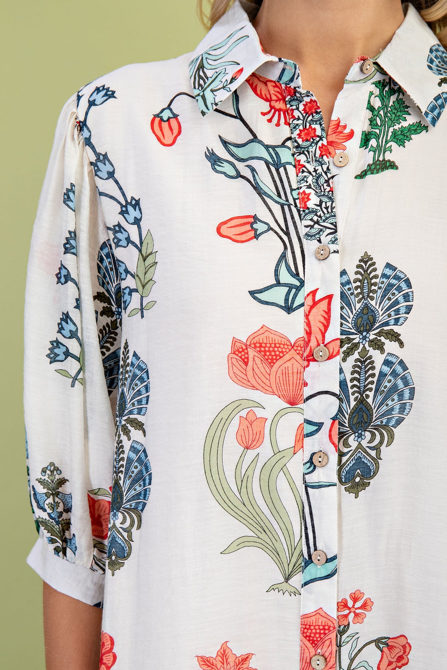 White Floral 3/4 Sleeve Button Dress