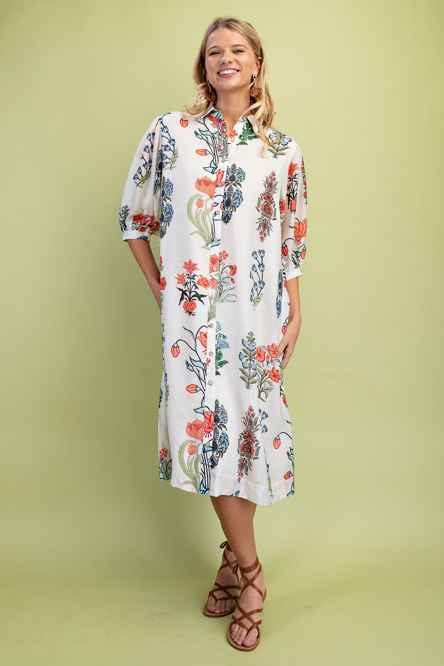 White Floral 3/4 Sleeve Button Dress