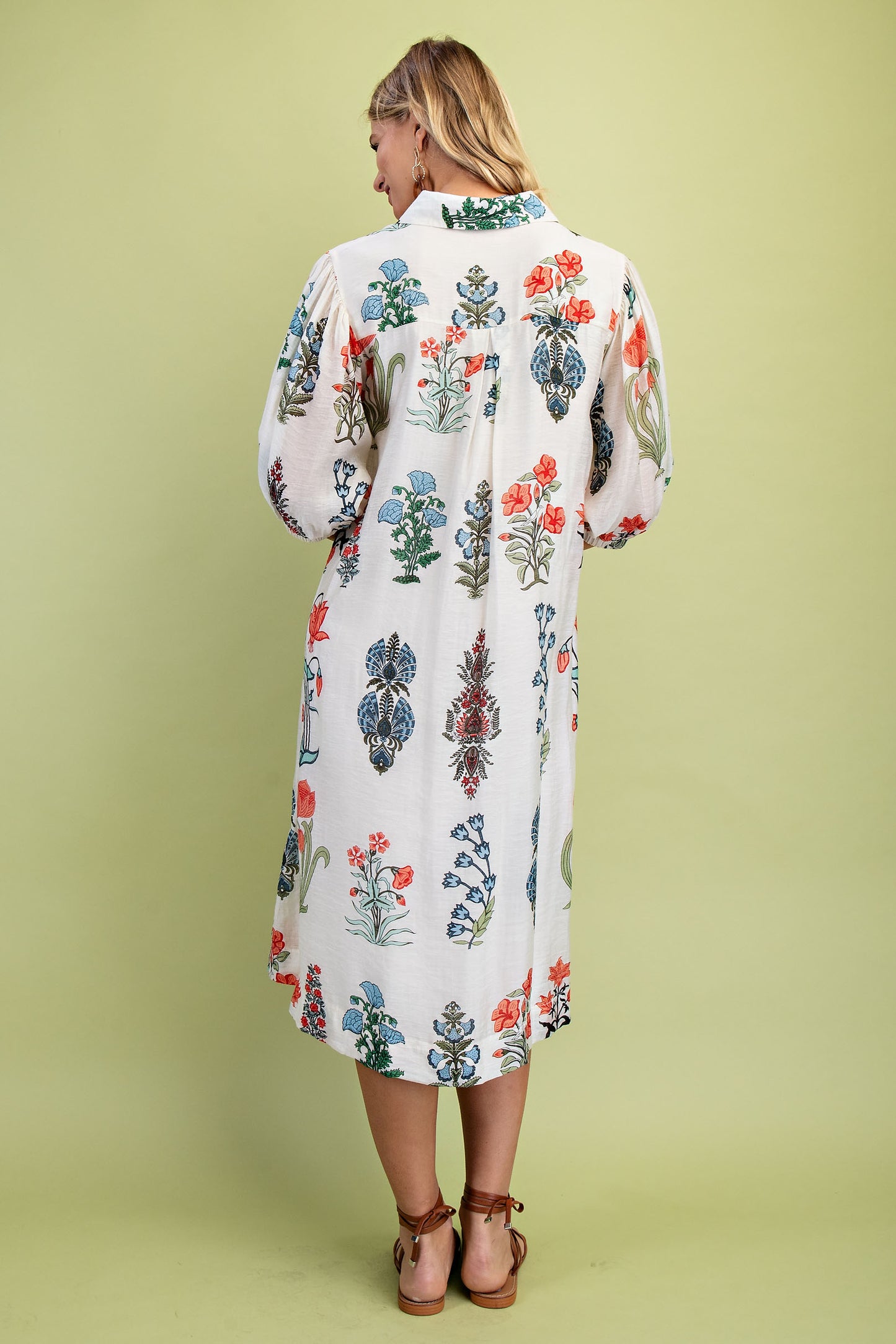 White Floral 3/4 Sleeve Button Dress