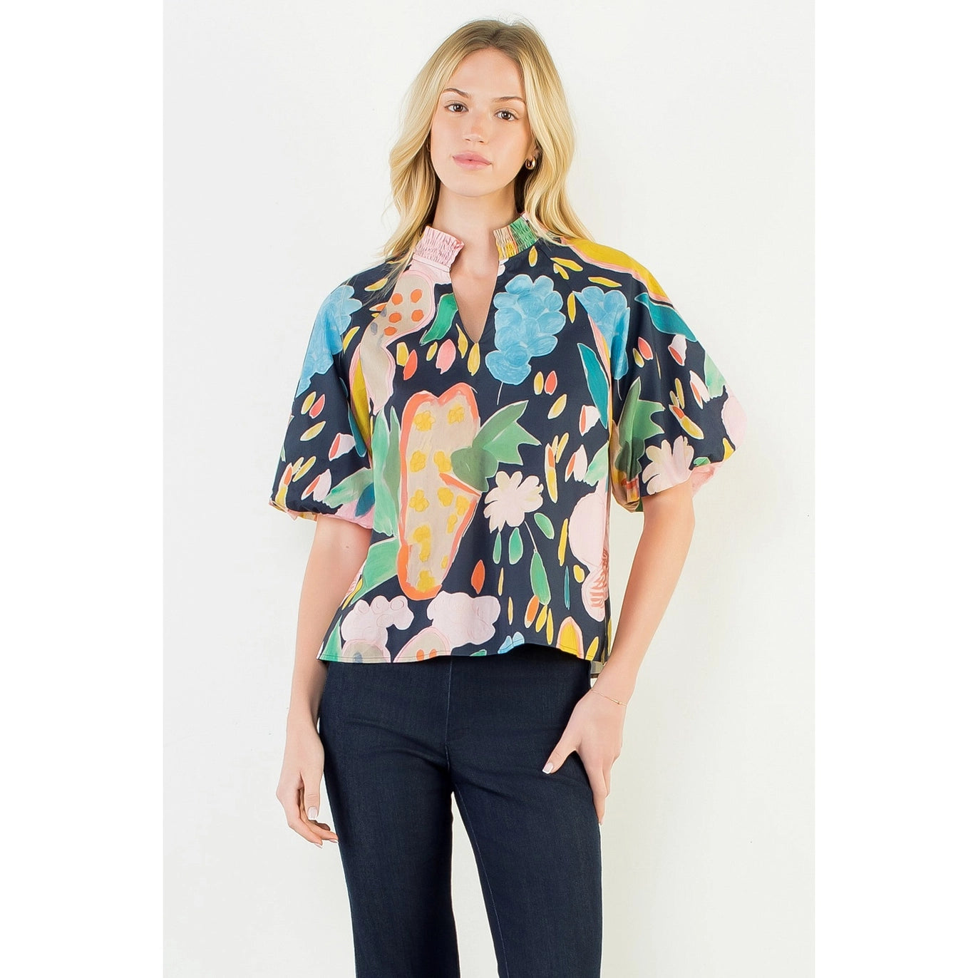 Navy Floral Short Sleeve Top