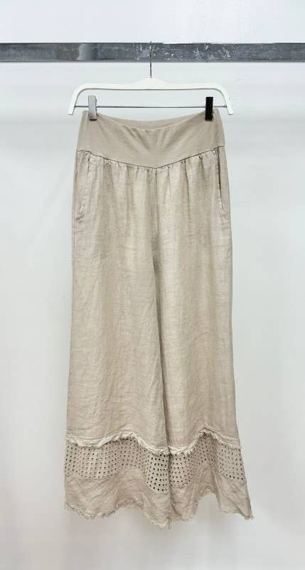 Fringe Hem Eyelet Wide Leg Linen Pant