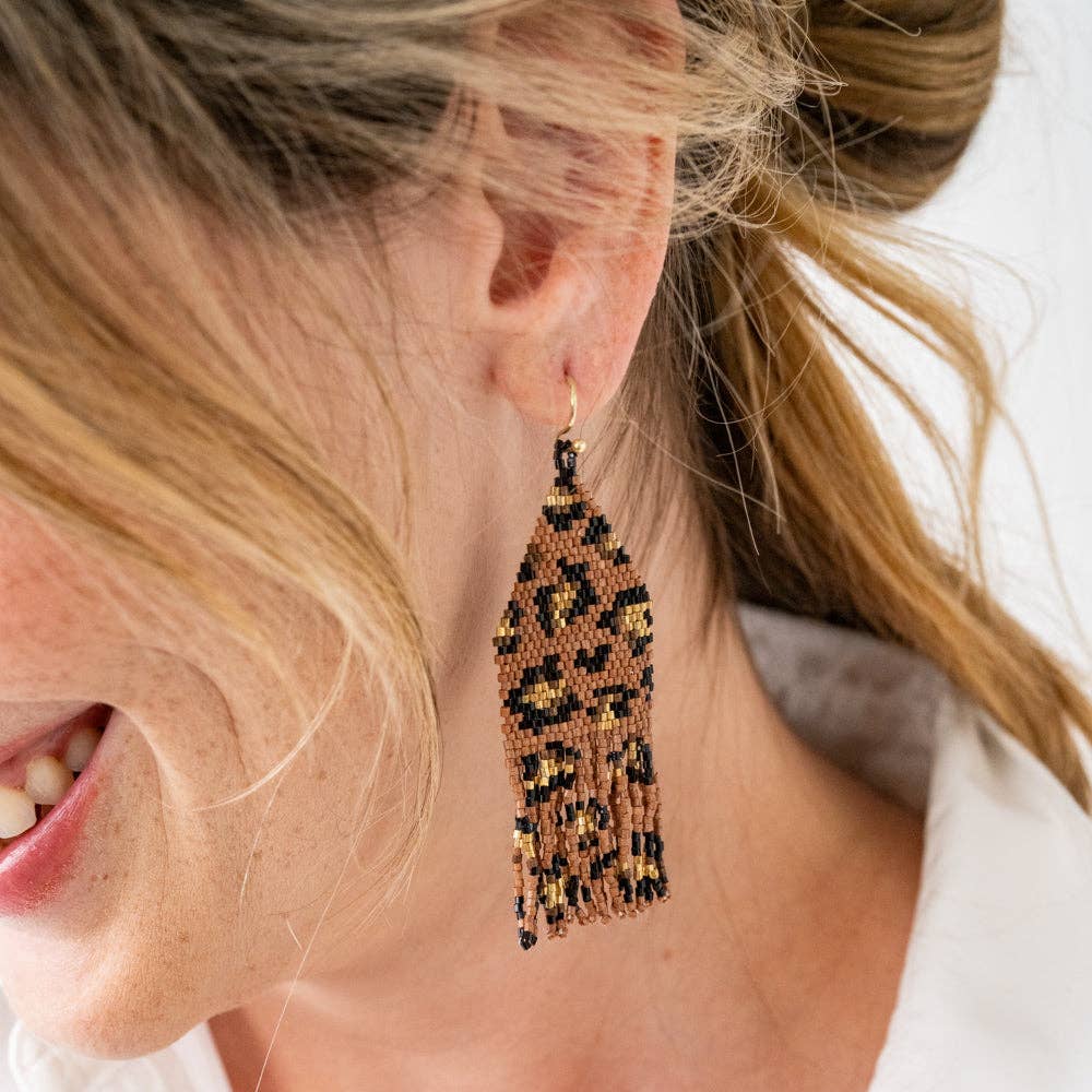 Mocha Cheetah Print Beaded Fringe Earrings