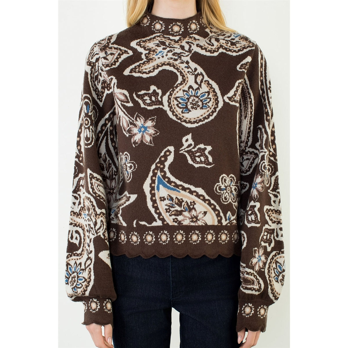 Pattern Sweater with Scallop Detail