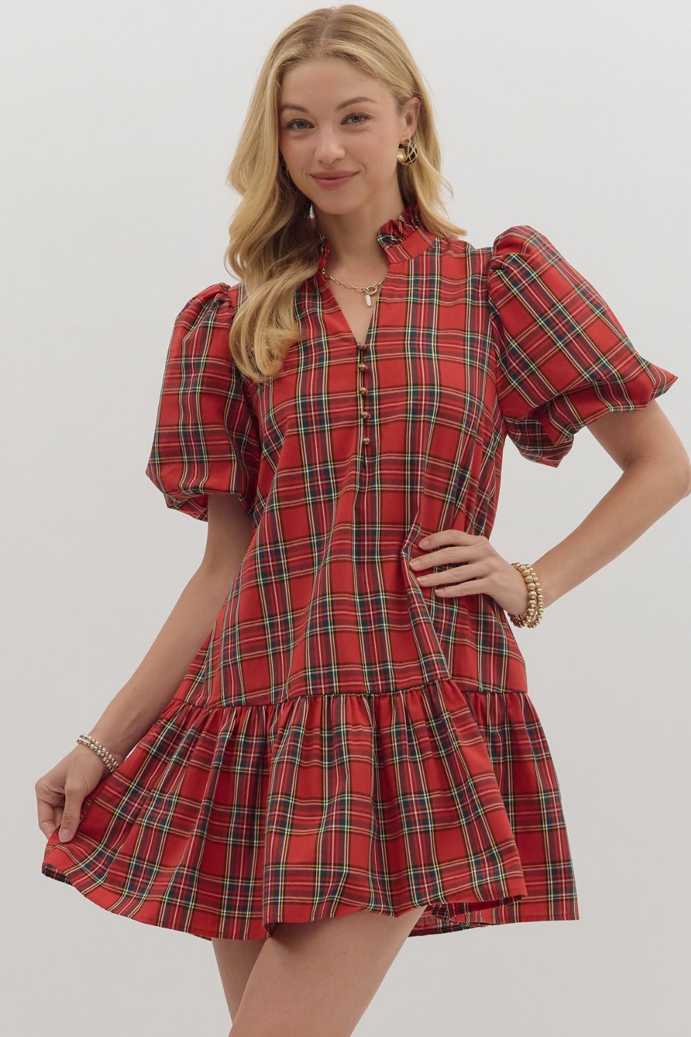 Plaid Puff Sleeve Dress
