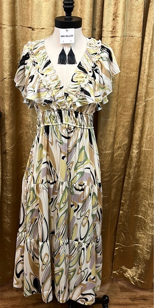 Satin flutter sleeve tiered dress