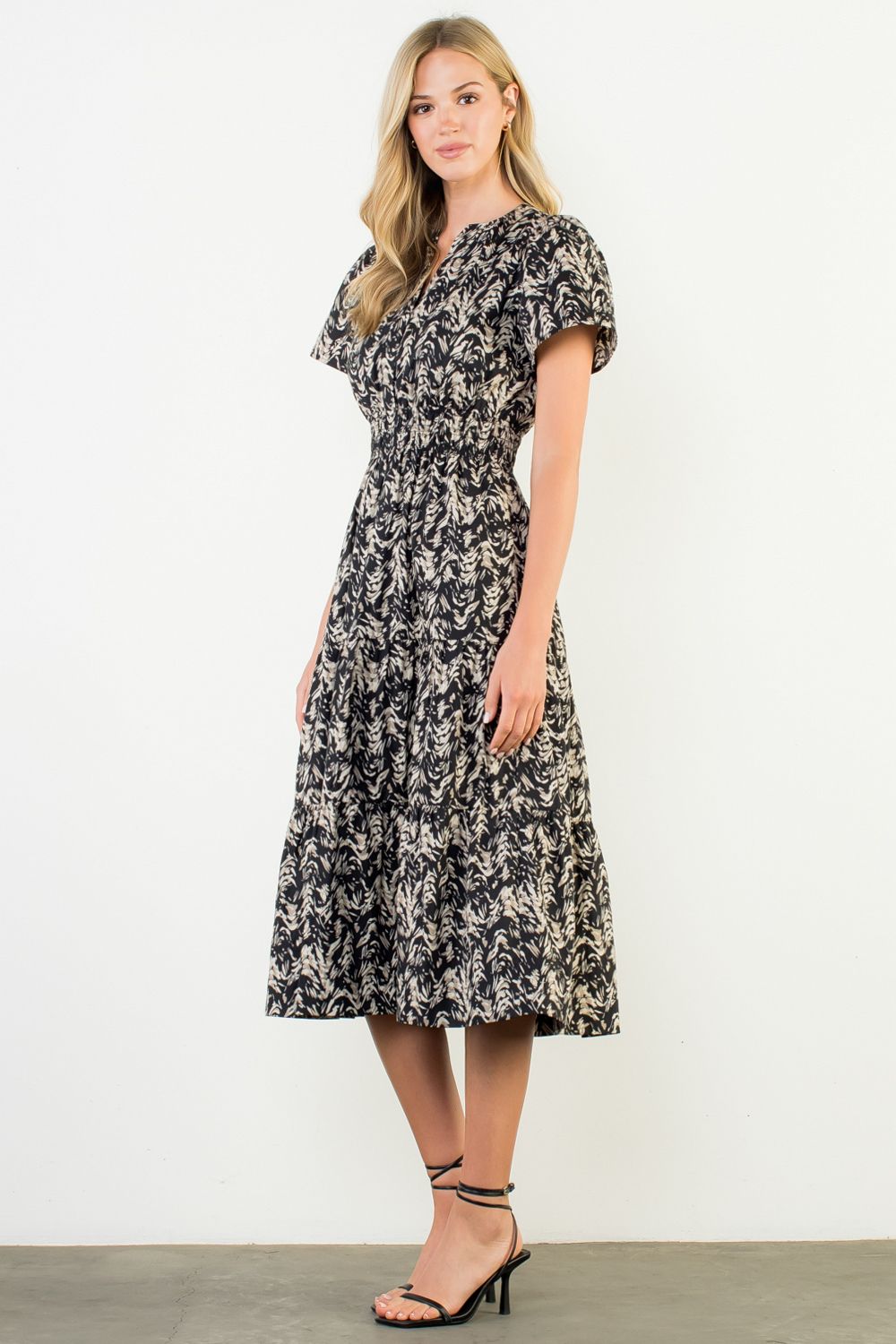 Black and Cream Print Midi Dress