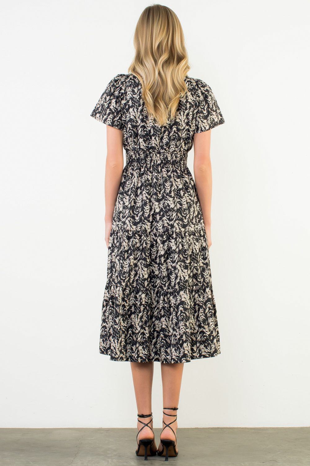 Black and Cream Print Midi Dress