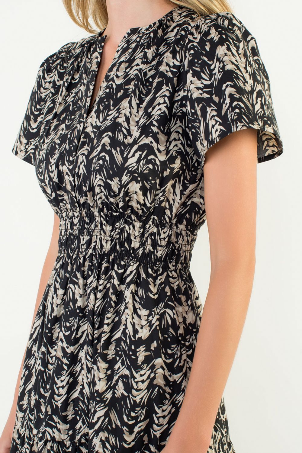 Black and Cream Print Midi Dress
