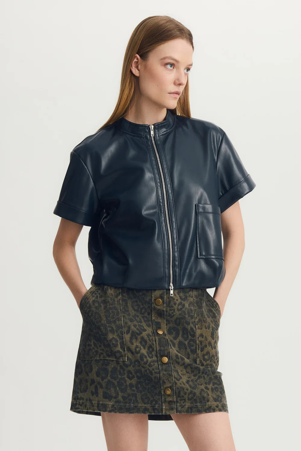 Navy Cuff Sleeve Zip Top