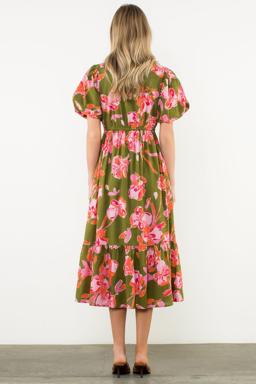 Olive and Pink Print Midi Dress