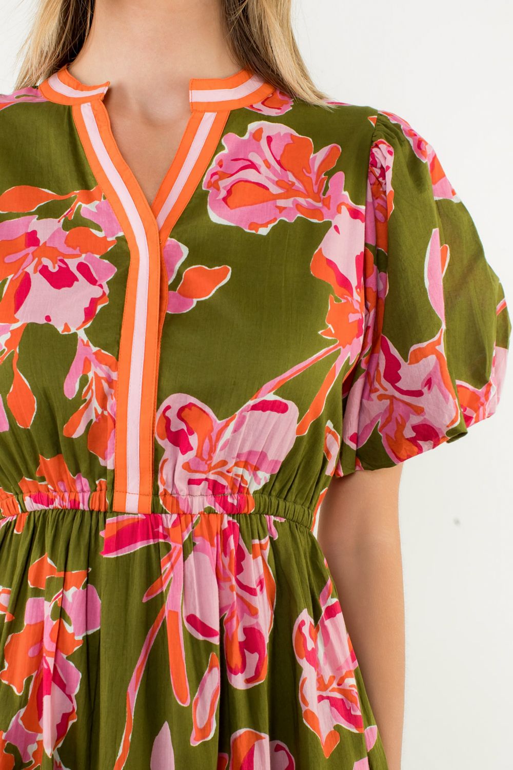 Olive and Pink Print Midi Dress