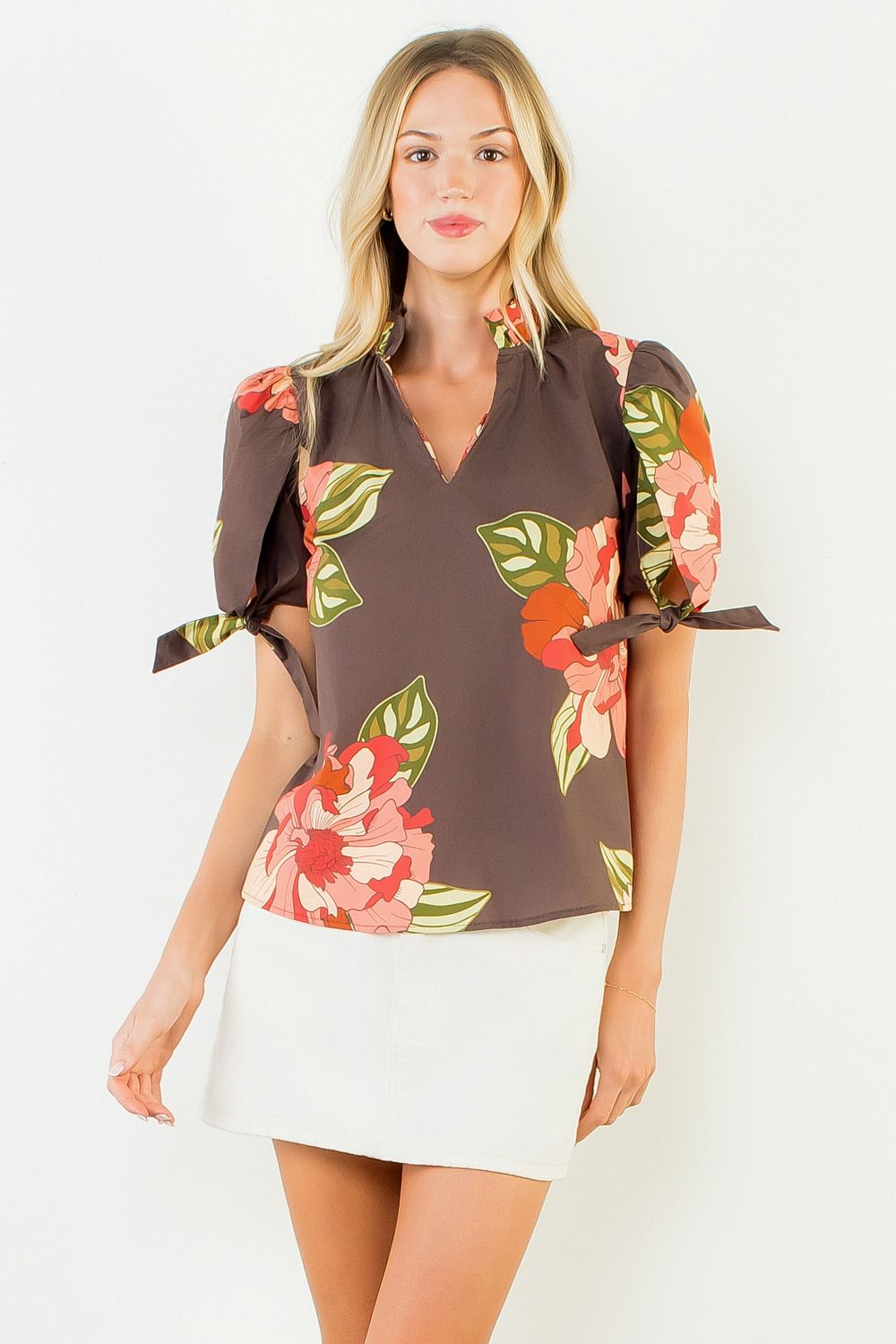 Ruffled Floral Top With Bow Tie Sleeve