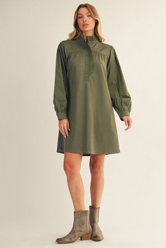 Ruffle Neck Long Sleeve Dress