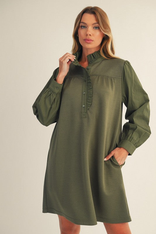 Ruffle Neck Long Sleeve Dress