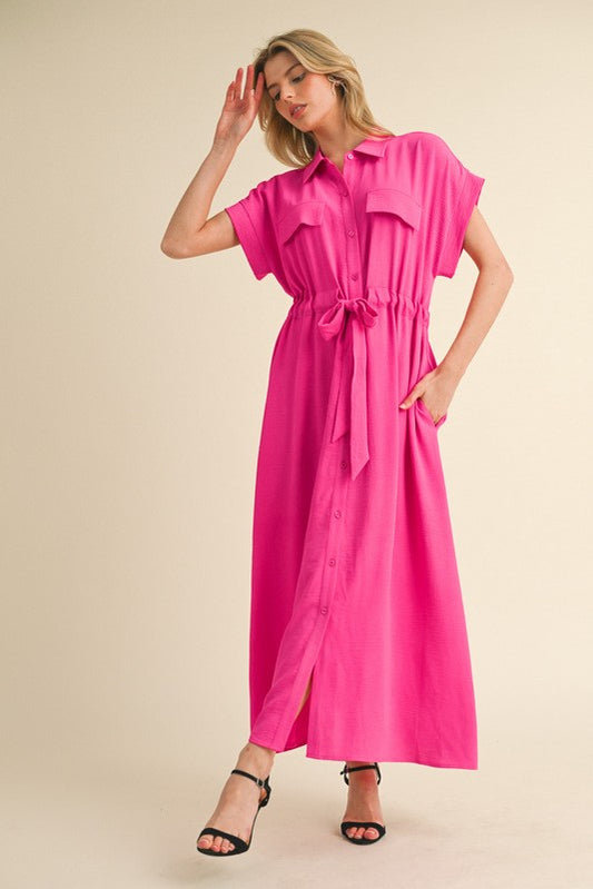 Pink Button Down Tie Waist Dress