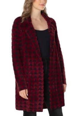 Red Houndstooth Open Front Coatigan