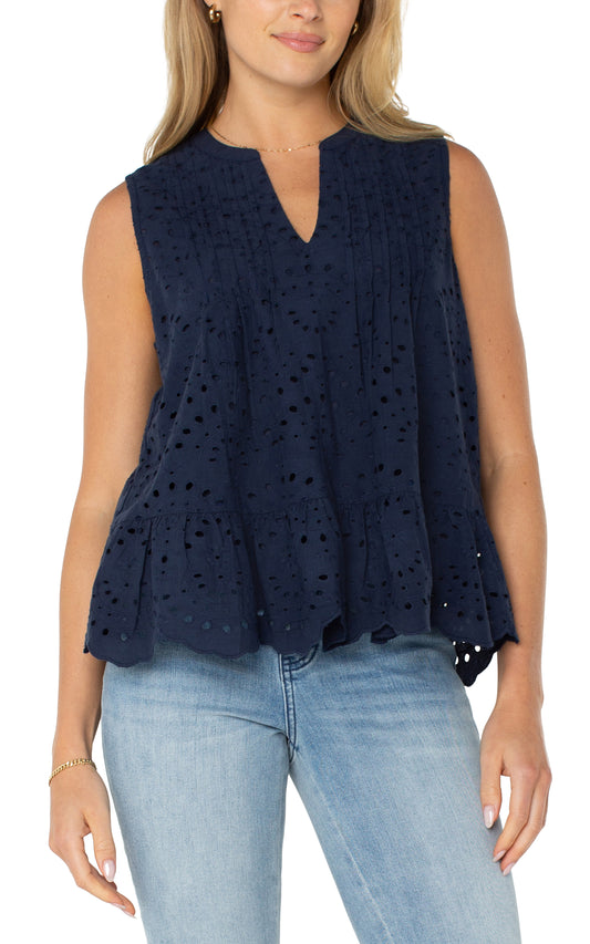 Sleeveless embroidered woven top w pintucks