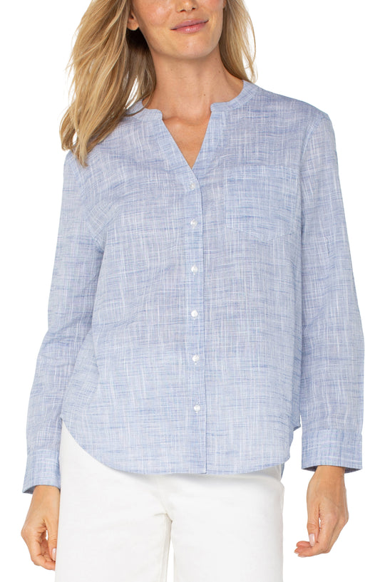 Button front woven shirt banded collar