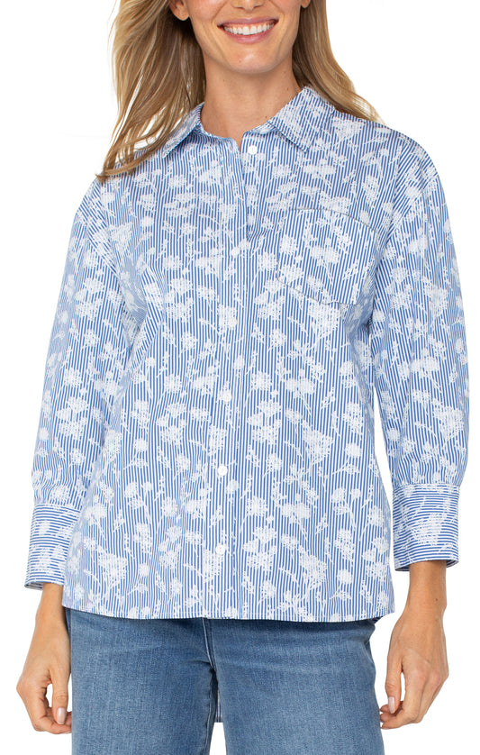 Blue and White Print Long Sleeve Blouse