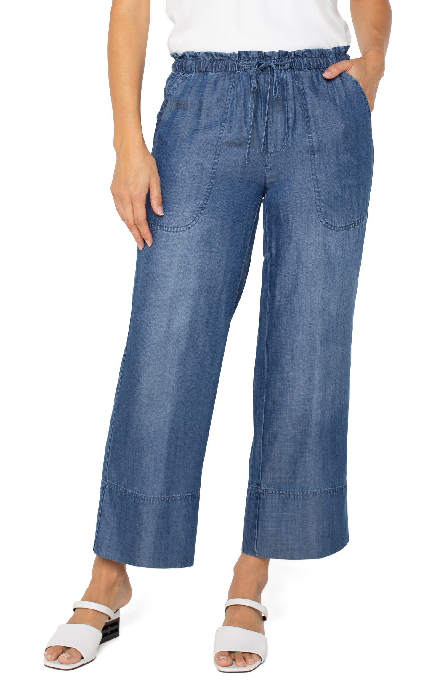 Pull on tie waist wide leg ankle pant