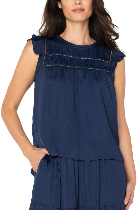 Navy Blue Flutter Sleeve Trim Top