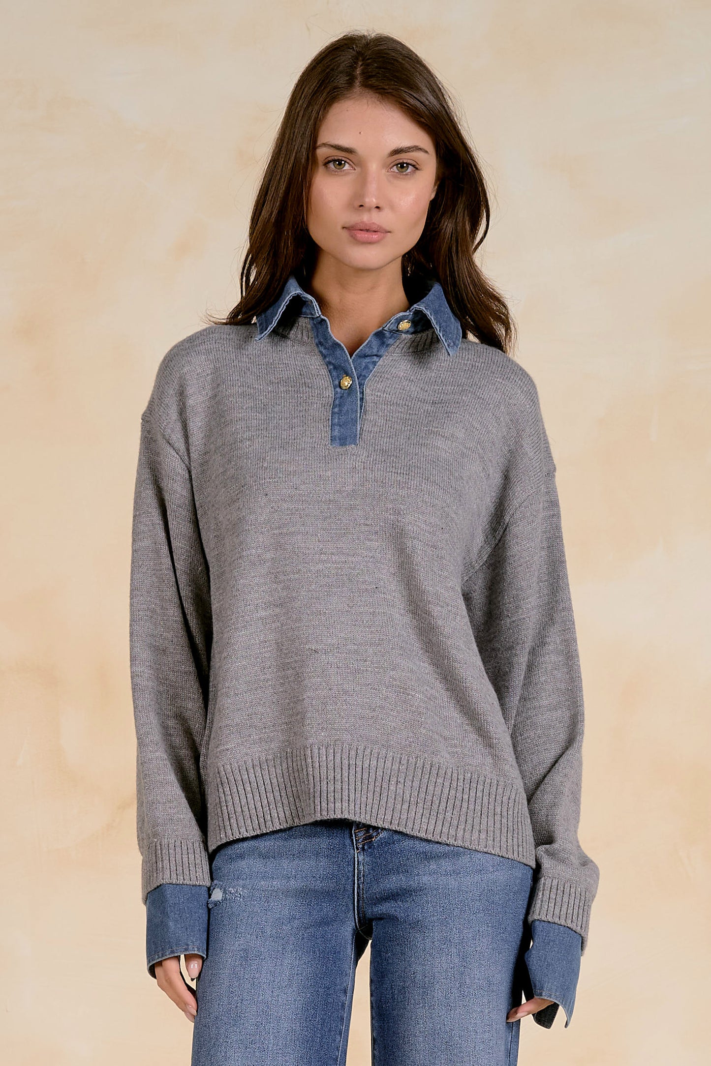 Gray Sweater with Denim Collar