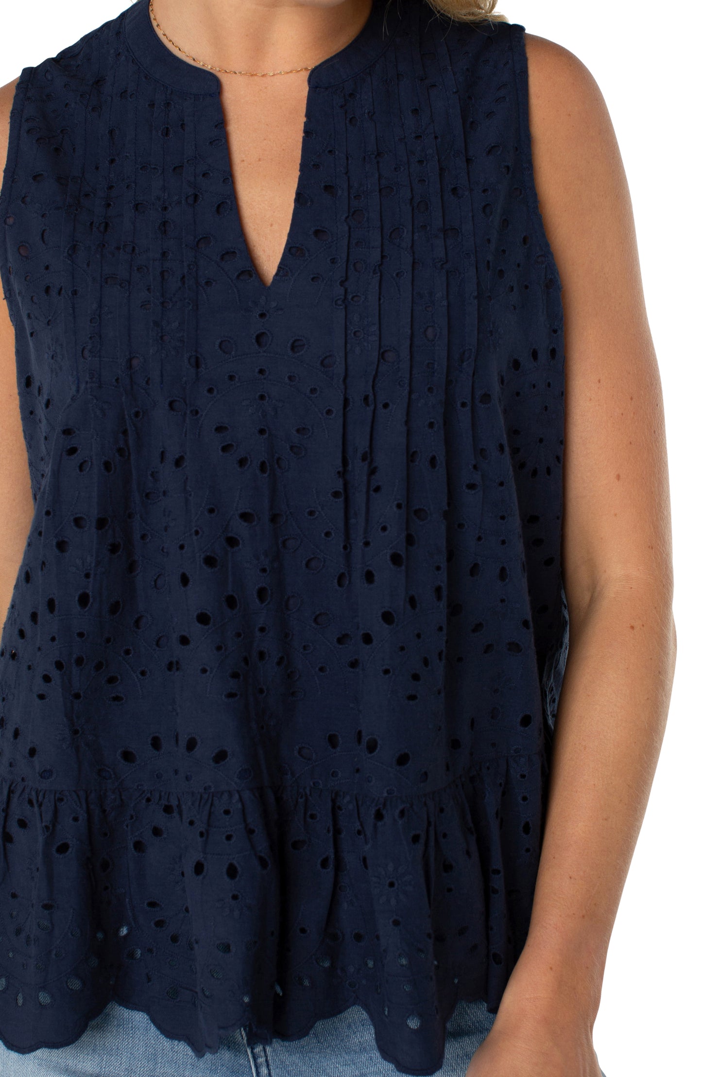 Sleeveless embroidered woven top w pintucks