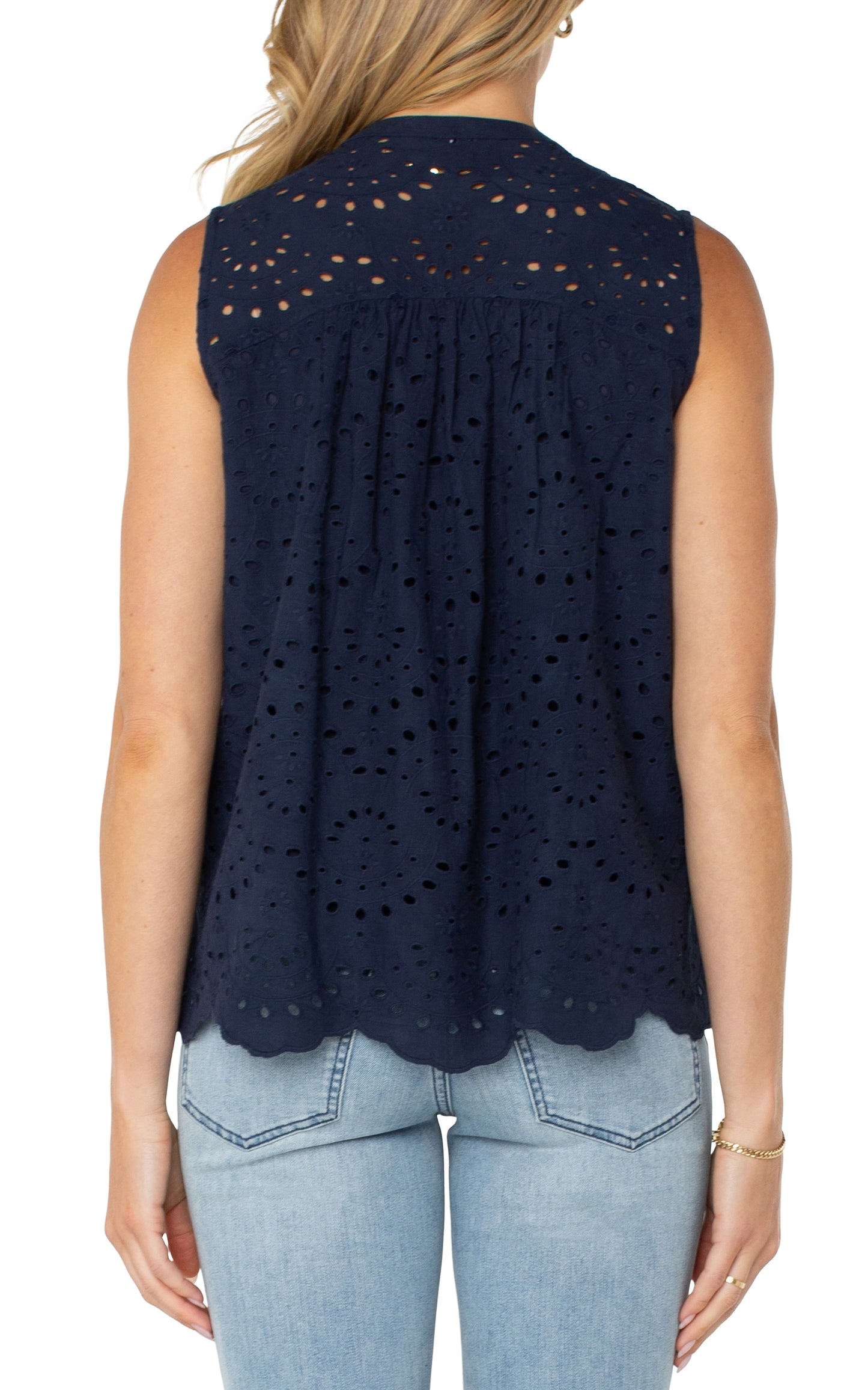 Sleeveless embroidered woven top w pintucks