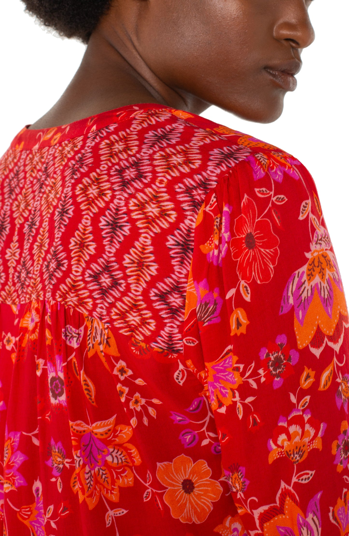 Shirred Woven Button Down Print Shirt