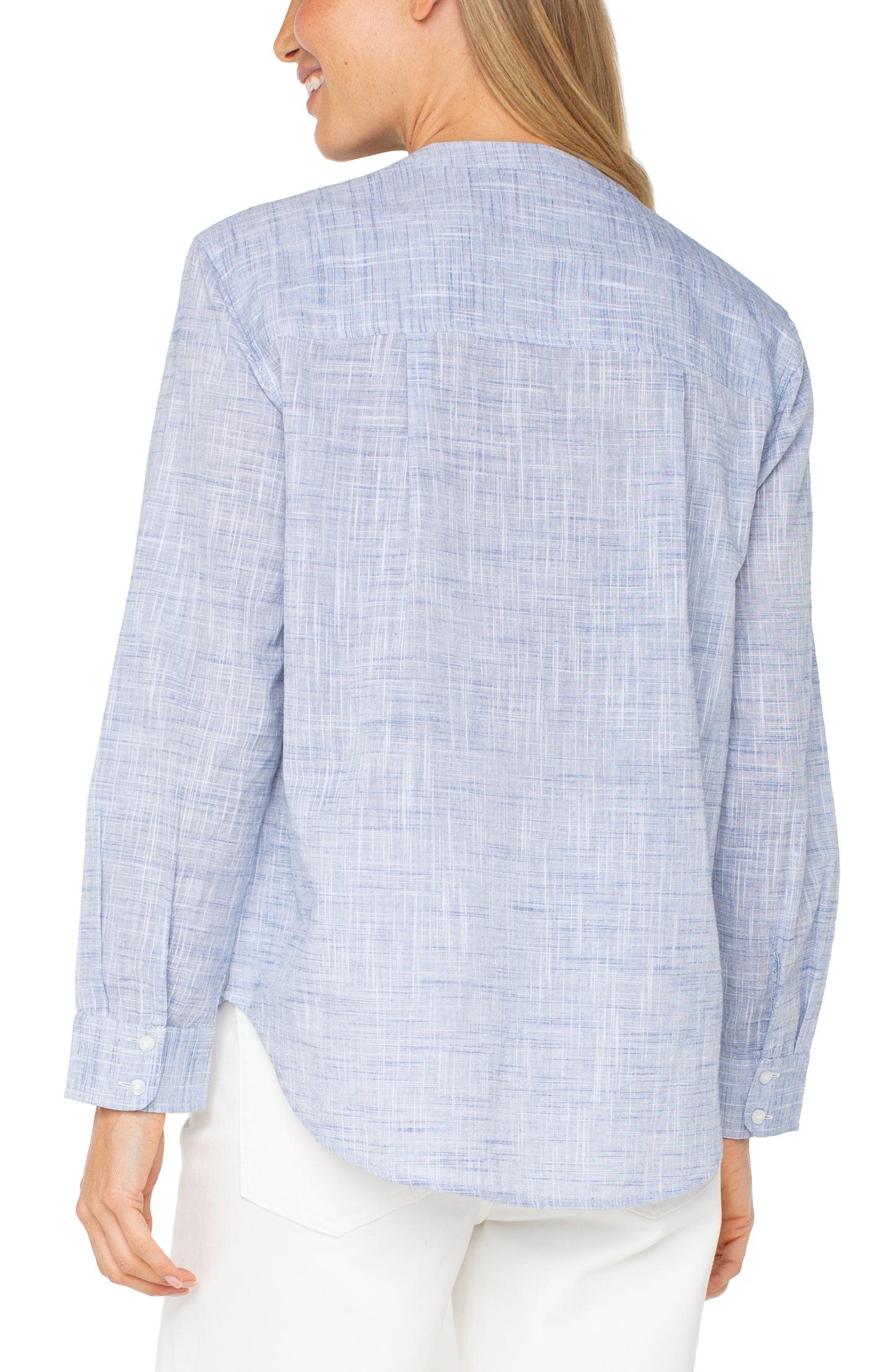 Button front woven shirt banded collar