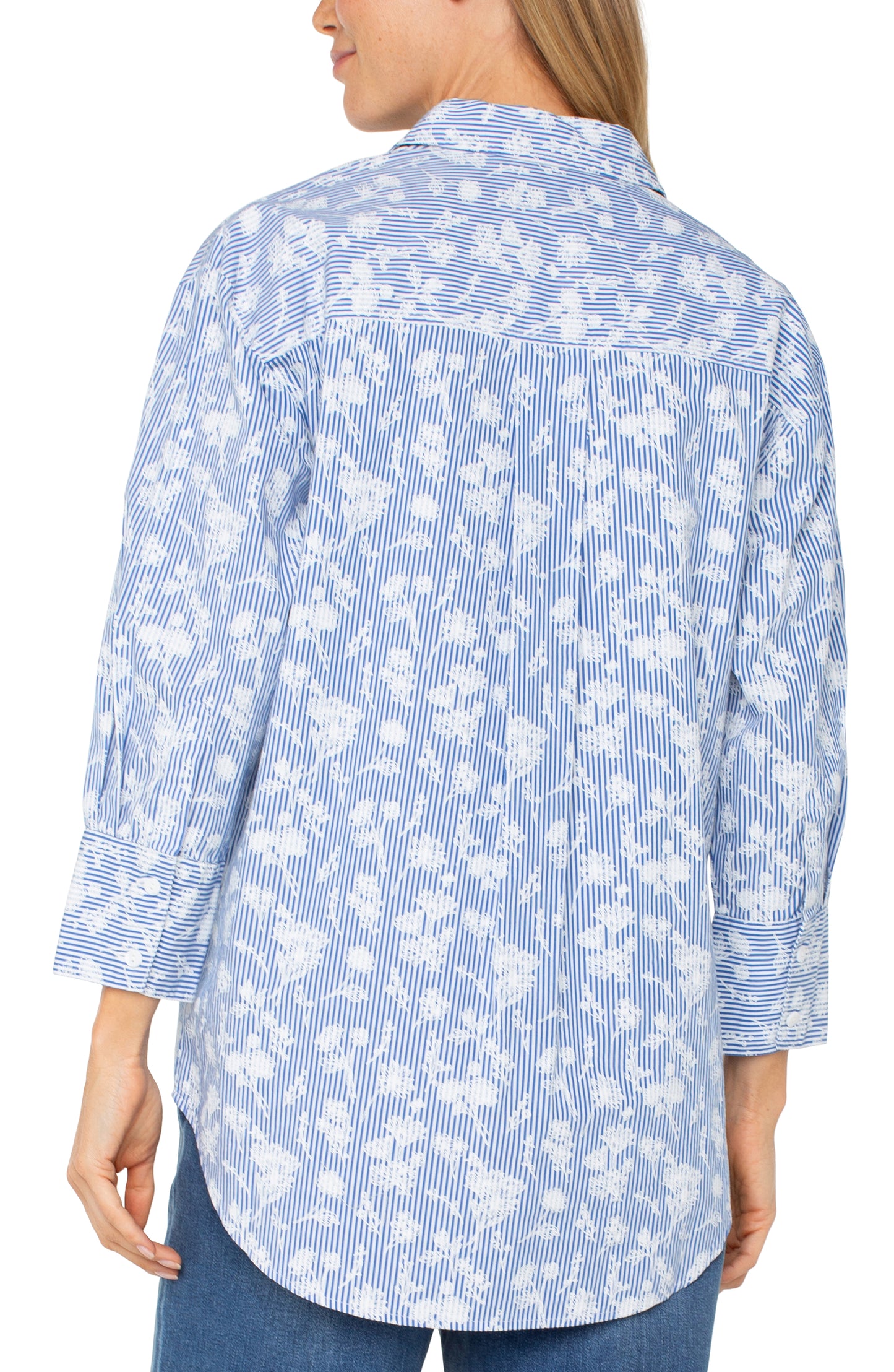 Blue and White Print Long Sleeve Blouse