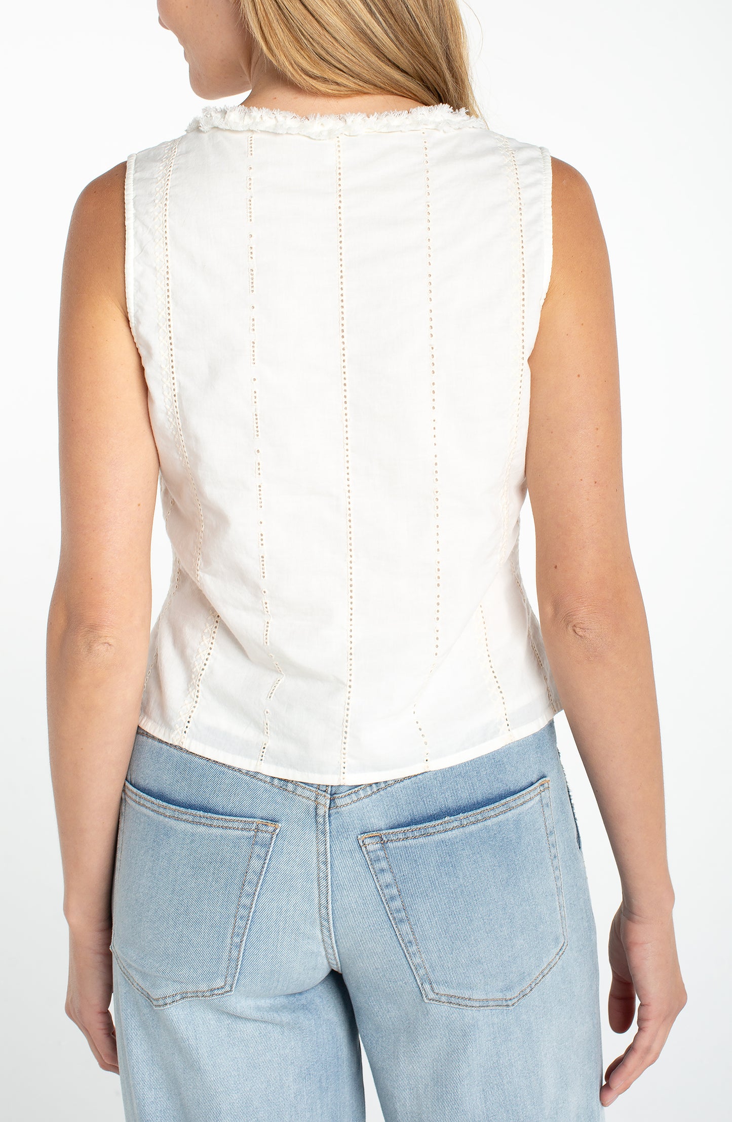 Sleeveless pintucked woven top w/ruffles