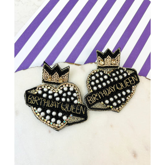 Birthday Queen Heart Beaded Dangle Earrings