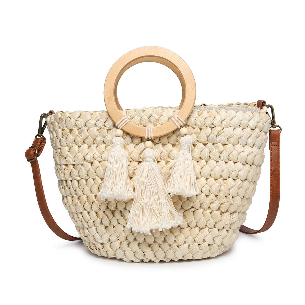 Cheryl Seagrass Satchel w/ Circle Handles and Tassels