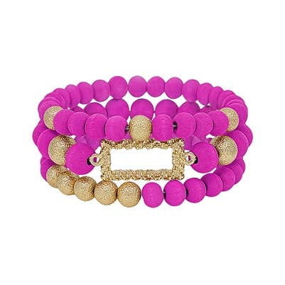 Hot Pink Wood & Textured Gold Beaded Set -3 Stretch Bracelet